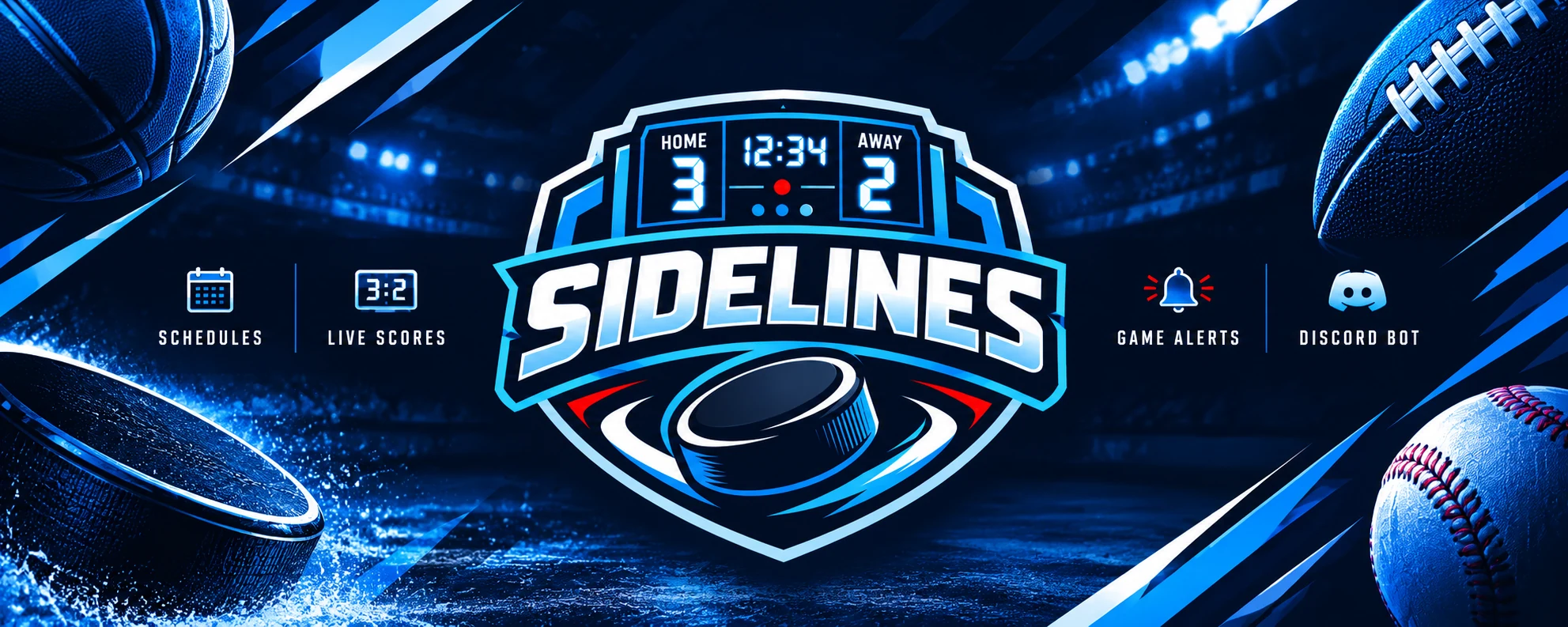 Sidelines sports scoreboard artwork for schedules, live scores, game alerts, and the Discord bot